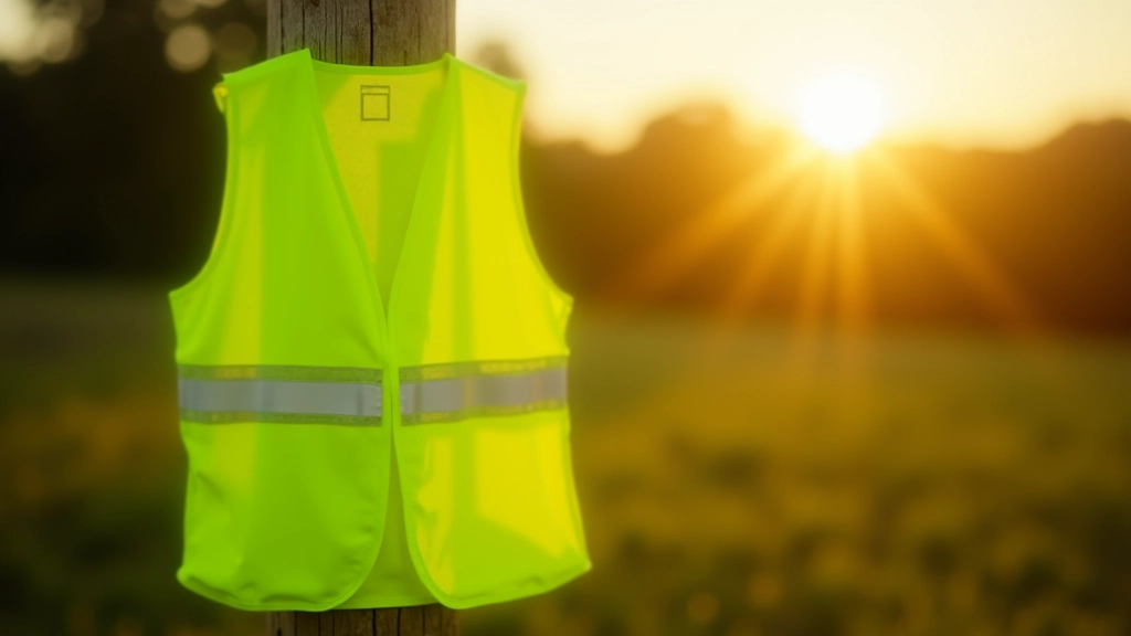 Close-up of bright neon yellow cycling vest with reflective strips displayed on rural fence post
