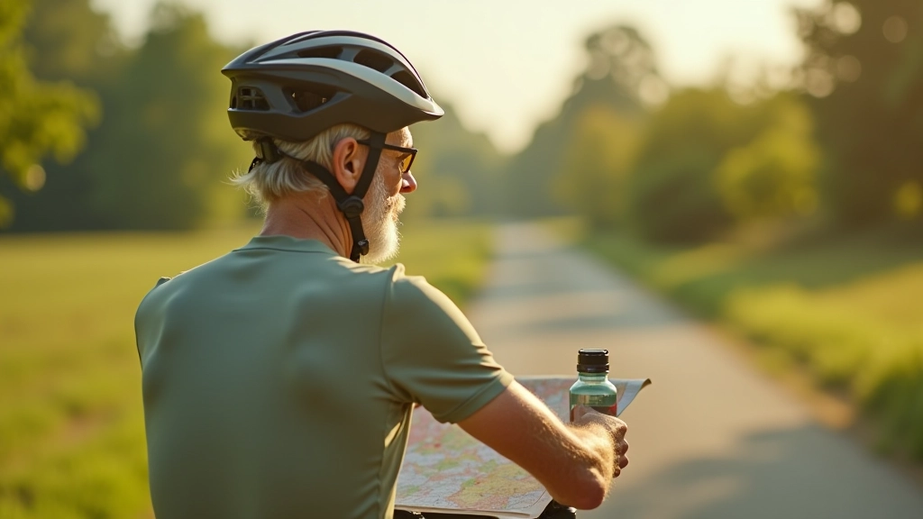 Senior cyclist stopped at rest point with water bottle and map, checking route during countryside ride in natural daylight