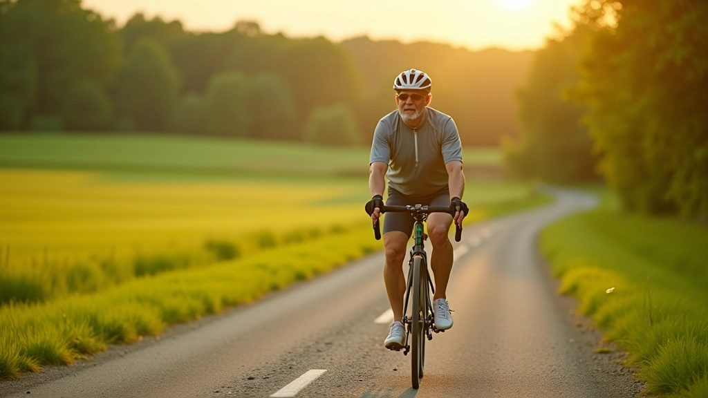 Cyclist on a quiet gravel farm road surrounded by green fields and pine trees in rural Latvia, early morning light