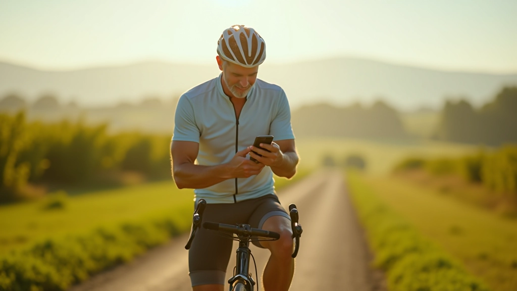 Cyclist checking route on smartphone mounted on handlebars in natural light outdoor setting