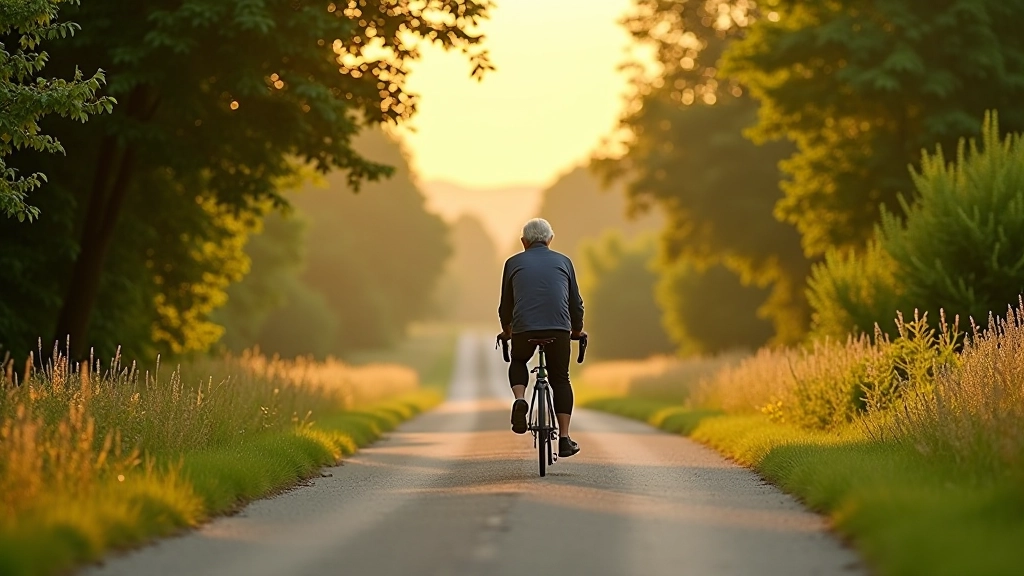 Senior cyclist riding on a peaceful tree-lined country lane with gentle curves and minimal traffic on a sunny afternoon