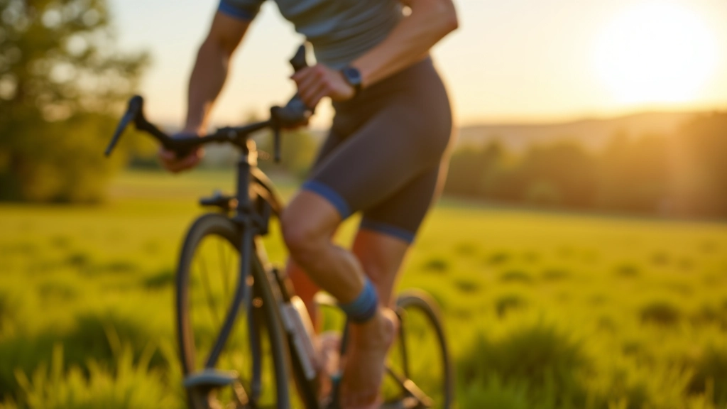 Cyclist stretching leg muscles after ride on grassy field with bike in background