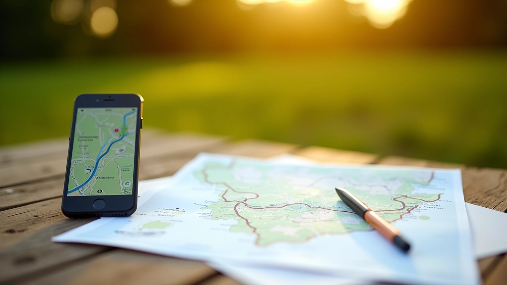 Printed cycling route map with highlighter marker pen and smartphone showing GPS navigation on wooden table