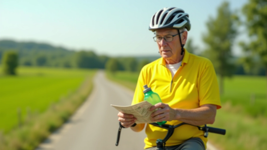Cyclist wearing bright colored jersey and helmet stopped on country road with water bottle and map checking route direction
